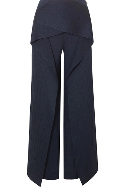 Roland Mouret Caldwell Draped Hammered Silk-satin Wide-leg Pants In Navy