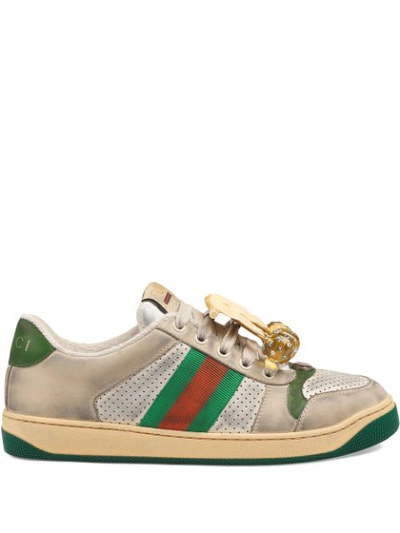 Gucci Screener Gg Cherry-embellished Leather Trainers In Off White