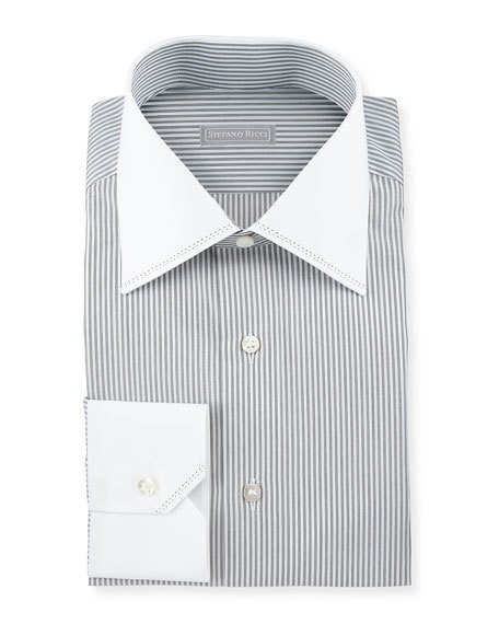 Stefano Ricci Contrast-collar Striped Dress Shirt, White/black | ModeSens