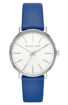 Michael Kors Pyper Leather Strap Watch, 38mm In Blue/ White/ Silver