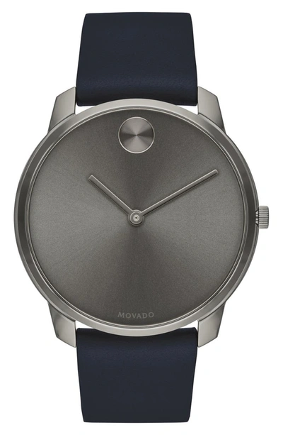 Movado Bold Thin Leather Strap Watch, 42mm In Blue/ Grey