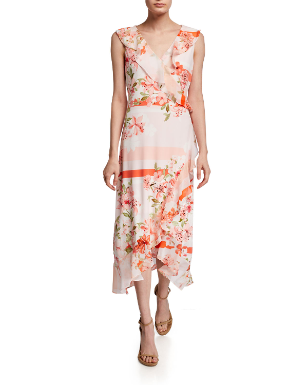 Calvin Klein Sleeveless Floral Faux-wrap Midi Dress In Pink | ModeSens