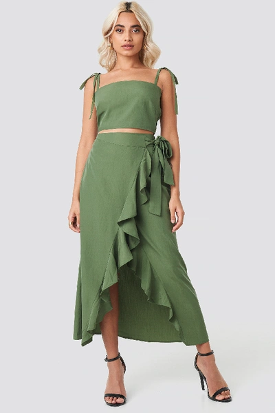 Afj X Na-kd Ruffle Wrap Midi Skirt - Green In Khaki