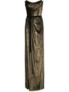 Marchesa Notte Strapless Foiled Velvet Column Gown In Gold