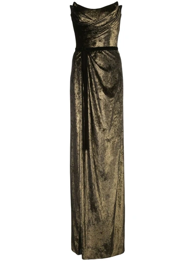 Marchesa Notte Strapless Foiled Velvet Column Gown In Gold