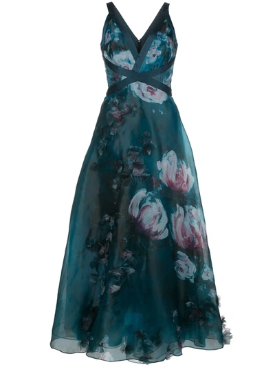 Marchesa Notte Embellished Floral Print Organza Midi Dress In Blue