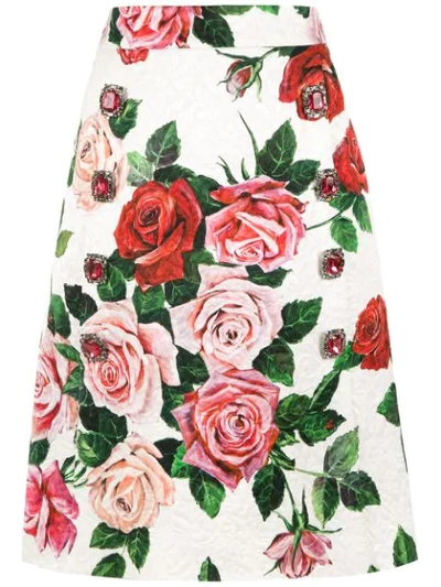 Dolce & Gabbana Floral Print Brocade Skirt In White