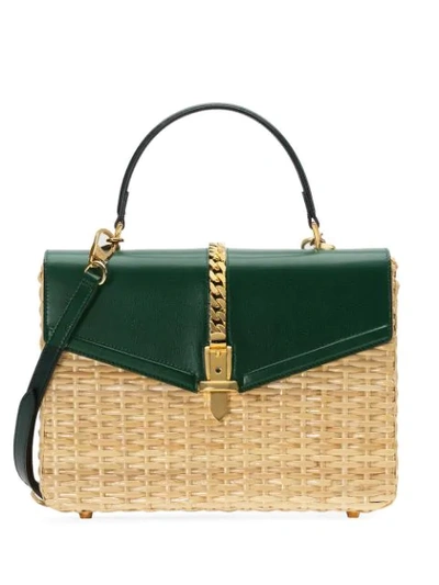 Gucci Sylvie Wicker Small Top Handle Bag In Green