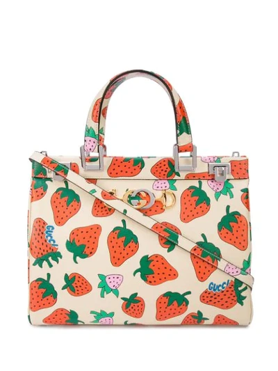 Gucci Zumi Strawberry Print Medium Top Handle Bag In White