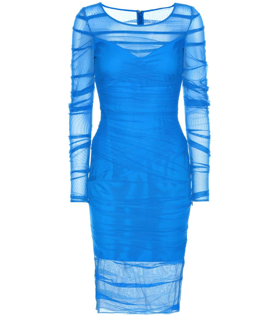 Versace Draped Stretch Tulle Dress In Blue | ModeSens