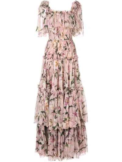 Dolce & Gabbana Long Lily-print Chiffon Dress In Pink