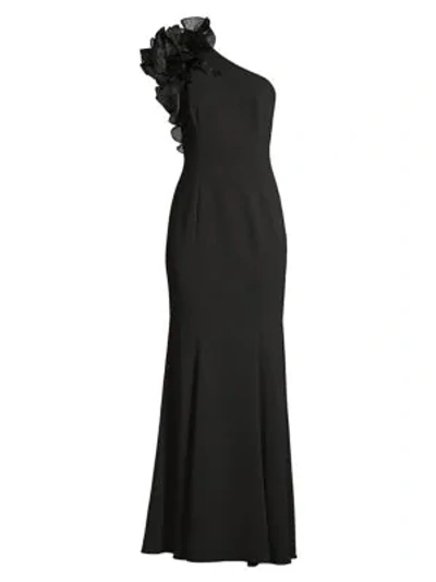 Aidan Mattox One-shoulder Organza Ruffle Gown In Black