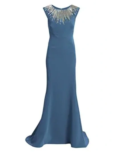 Zac Posen Women's Embellished-neckline Sleeveless Crepe Gown In Ocean Blue
