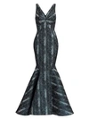 Zac Posen Metallic Party Jacquard Snake Print Mermaid Gown In Python Ocean Blue