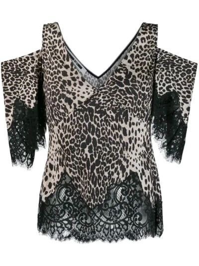 Mcq By Alexander Mcqueen Cold-shoulder Lace-trimmed Leopard-print Crepe Top In Black