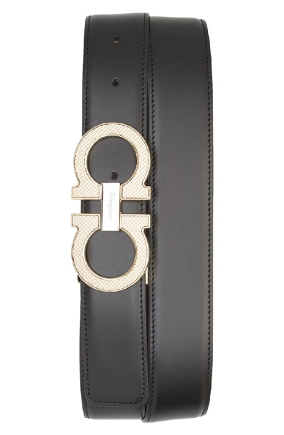Ferragamo Men's Etched Double Gancini Buckle Reversible Leather Belt In Nero / Hickory