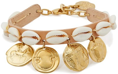 Ancient Greek Sandals Puka Shell And Coin-charm Leather Anklet In Natural/ Matte Gold