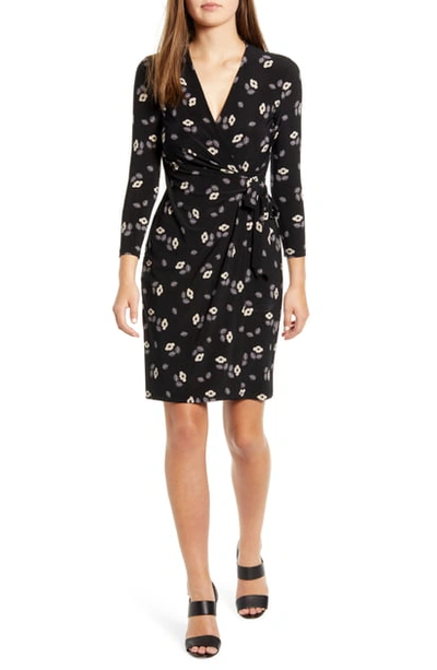 Anne Klein Rose Print Dress In Anne Black/ Oyster Shell Combo
