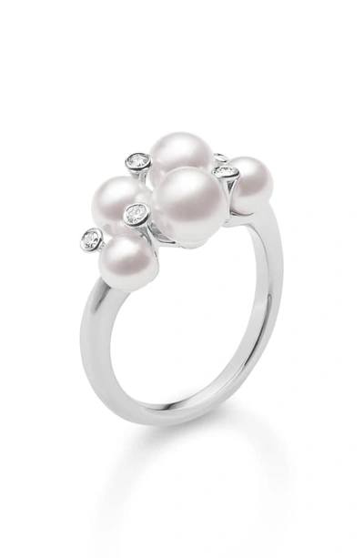 Mikimoto Japan Collections Diamond & Pearl Cluster Ring In White Gold/ Pearl