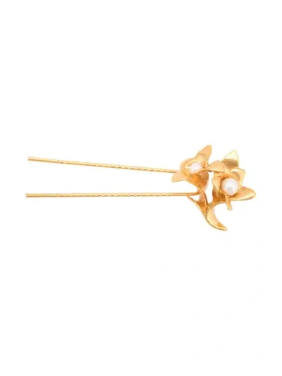 Oscar De La Renta Pearl Flower Hair Pin In Gold