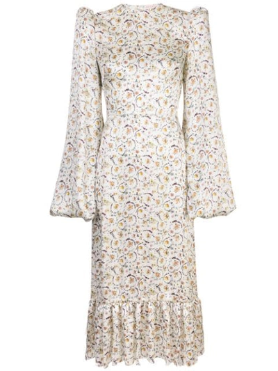 The Vampire's Wife Floral Print Pouf Sleeve Dress In White