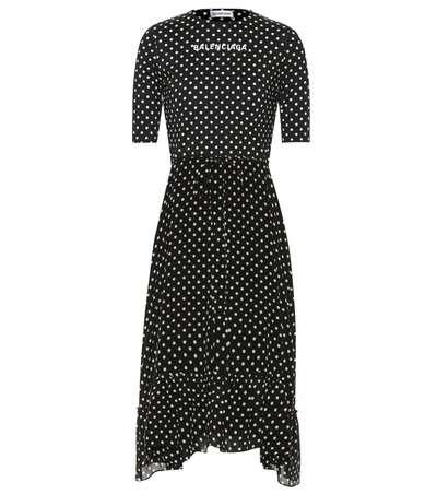 Balenciaga Layered Polka-dot Scuba And Silk Crepe De Chine Dress In Black