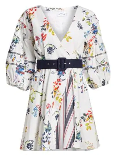 Tanya Taylor Rachele Ii Floral-print Balloon-sleeve Belted Mini Dress In Pencil Floral White