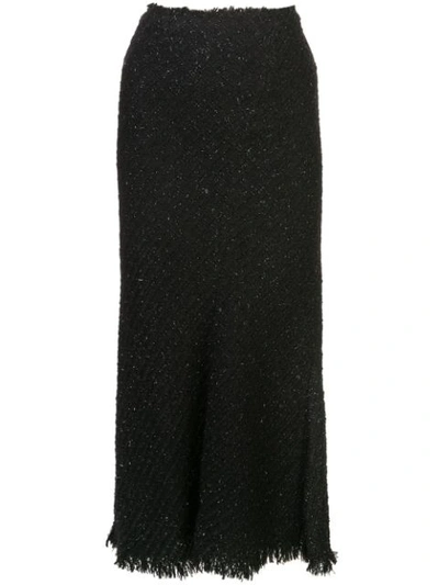 Alexander Wang Metallic Wool Blend Fringe Tweed Midi Skirt In Black