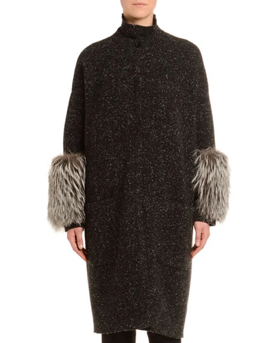 Agnona Cashmere Melange Tweed Fur-cuff Coat In White/black