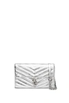 Rebecca Minkoff Edie Metallic Quilted Wallet On Chain In Silver/silver