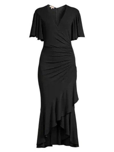 Michael Kors Flutter-sleeve Wrapped Jersey Dress In Black