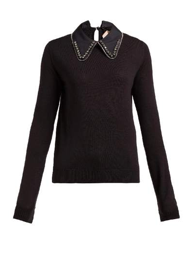 N°21 Wool-silk Long-sleeve Top With Embellished Collar In Black