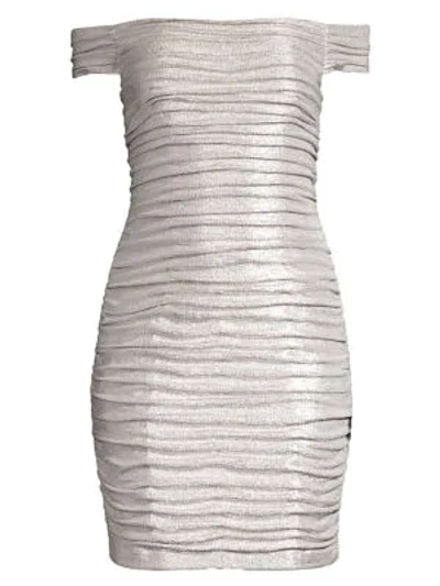 Aidan Mattox Off-the-shoulder Ruched Foiled Mini Dress In Champagne Silver