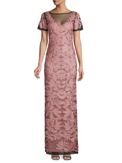 Js Collections Soutache Embroidered Illusion Gown In Antique Rose