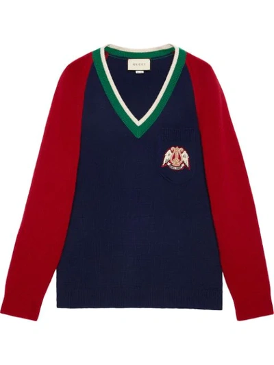 Gucci V-neck Wool Jumper With Lyre In Blue