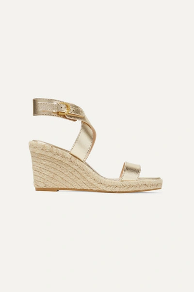 Stuart Weitzman Lexia Metallic Textured-leather Espadrille Wedge Sandals In Gold