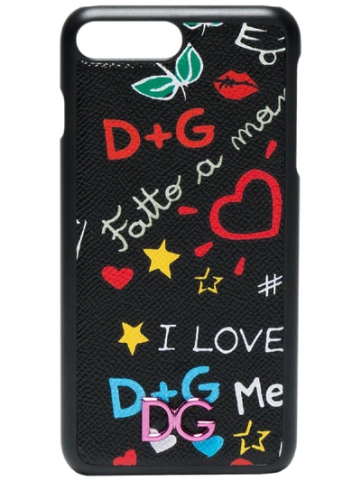 Dolce & Gabbana Leather Iphone 7 Plus Case With Graffiti Print In Black