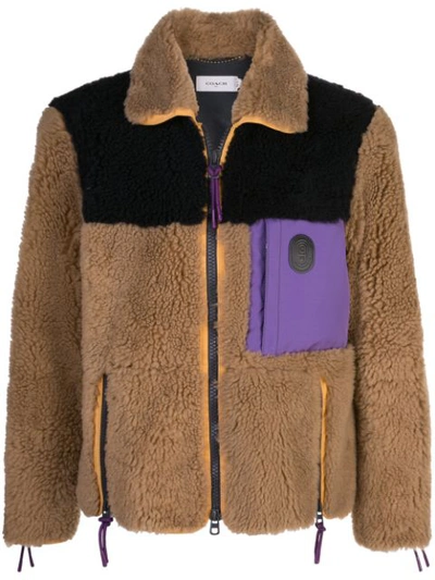 Coach Colourblock Shearling Jacket In Burnt Sienna