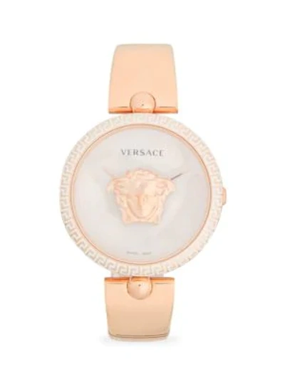 Versace Logo Stainless Steel Bangle Bracelet Watch In Rose Gold
