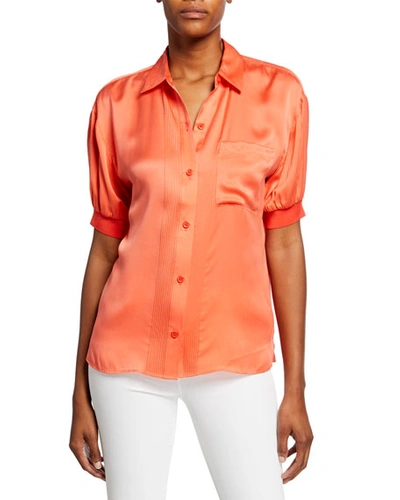 Equipment Abelia Short-sleeve Button-front Satin Top In Hot Coral