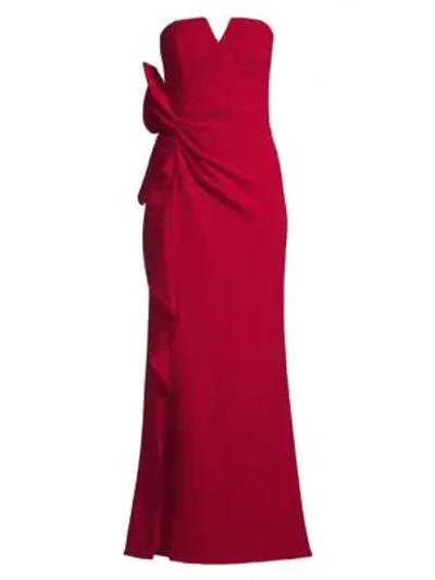 Aidan Mattox Strapless Sweetheart Shirred Crepe Gown With Slit In Ruby