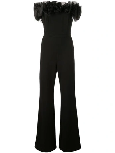 Aidan Mattox Off-the-shoulder Crepe Jumpsuit W/ Organza Flower Detail In Black