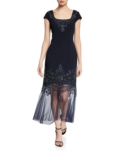 Aidan Mattox Beaded Cap-sleeve Mermaid Cocktail Dress W/ Illusion Hem In Dark Blue