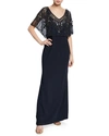 Aidan Mattox Short-sleeve Beaded Blouse Gown With Crepe Skirt In Twilight
