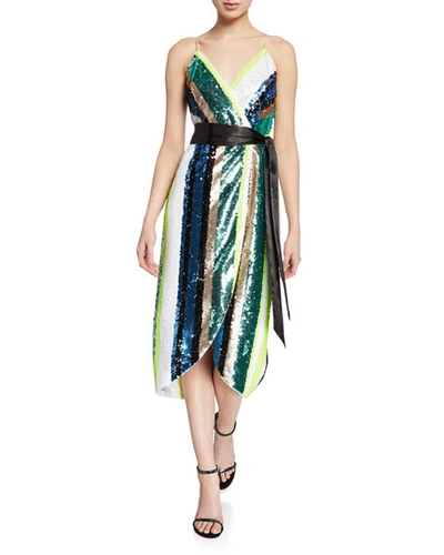 Aidan Mattox Sequin Stripe Sleeveless Midi Wrap Dress In Multi