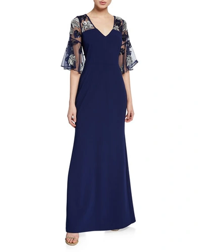 Aidan Mattox V-neck Flutter-sleeve Beaded Crepe Gown In Navy