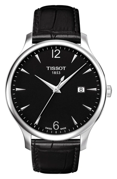 Tissot Tradition Black Leather Strap Watch, 42mm In Black/ Silver
