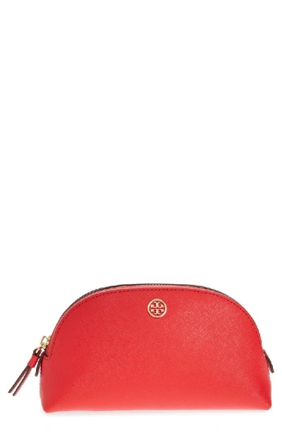 Tory Burch Robinson Small Leather Cosmetic Case In Brilliant Red