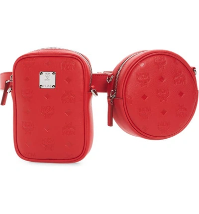 Mcm Essential Monogrammed Double-pouch Convertible Belt Bag In Viva Red