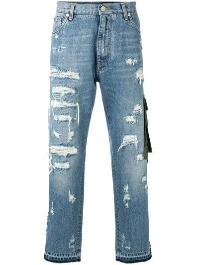 Dolce & Gabbana Ripped Detail Piped Jeans In Blue